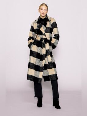 MELLODAY Oversized Check Belted Trench Coat - Taupe Black Buffalo Print M
